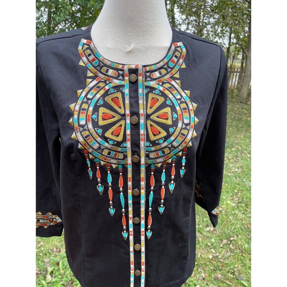 Bob Mackie Wearable Art Medium Black Jacket With Colorful Embroidery & Button Cl - Picture 2 of 9